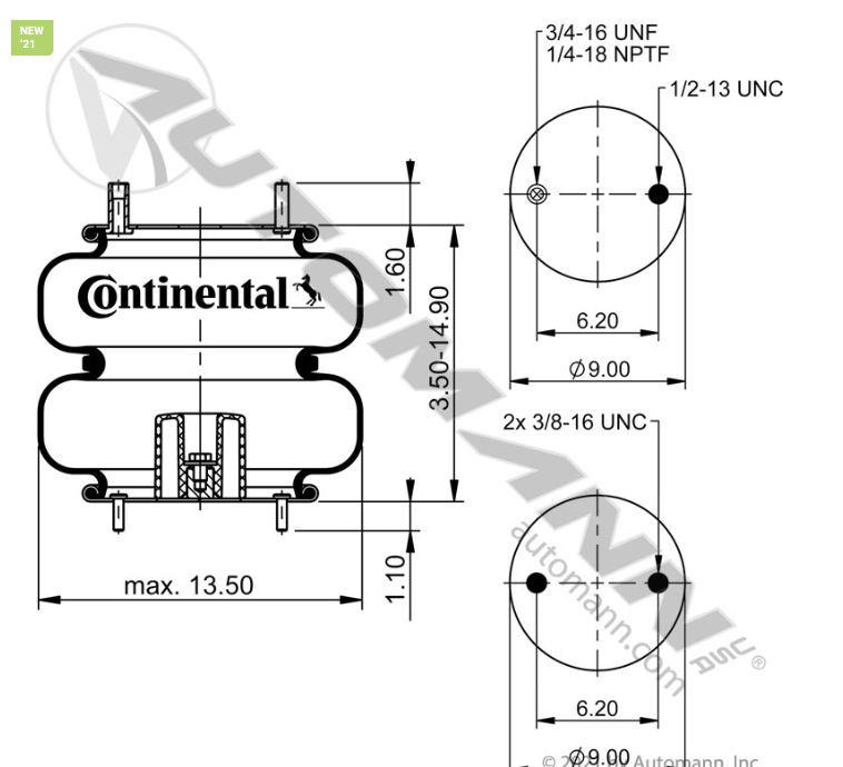 566.CT64284-CONTINENTAL AIR SPRING DOUBLE CONVULATED 7555 2B12-440, 64284, XBSPN05337, 2001801