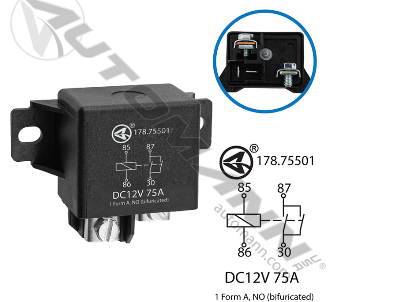 178.75501-POWER RELAY 12V 75A 2 PLUG 2 SCREW TERM